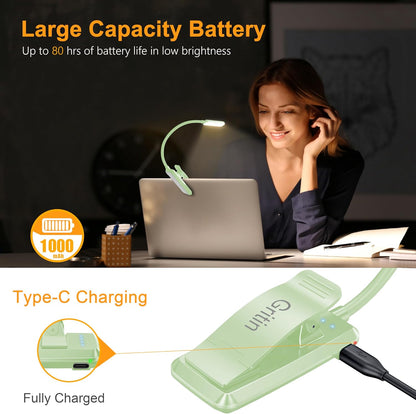 Gritin 9 LED Rechargeable Book Light for Reading in Bed | Eye Caring 3 Color Temps,Stepless Dimming Brightness,80 Hrs Runtime Small Lightweight Clip On Book Reading Light for Studying