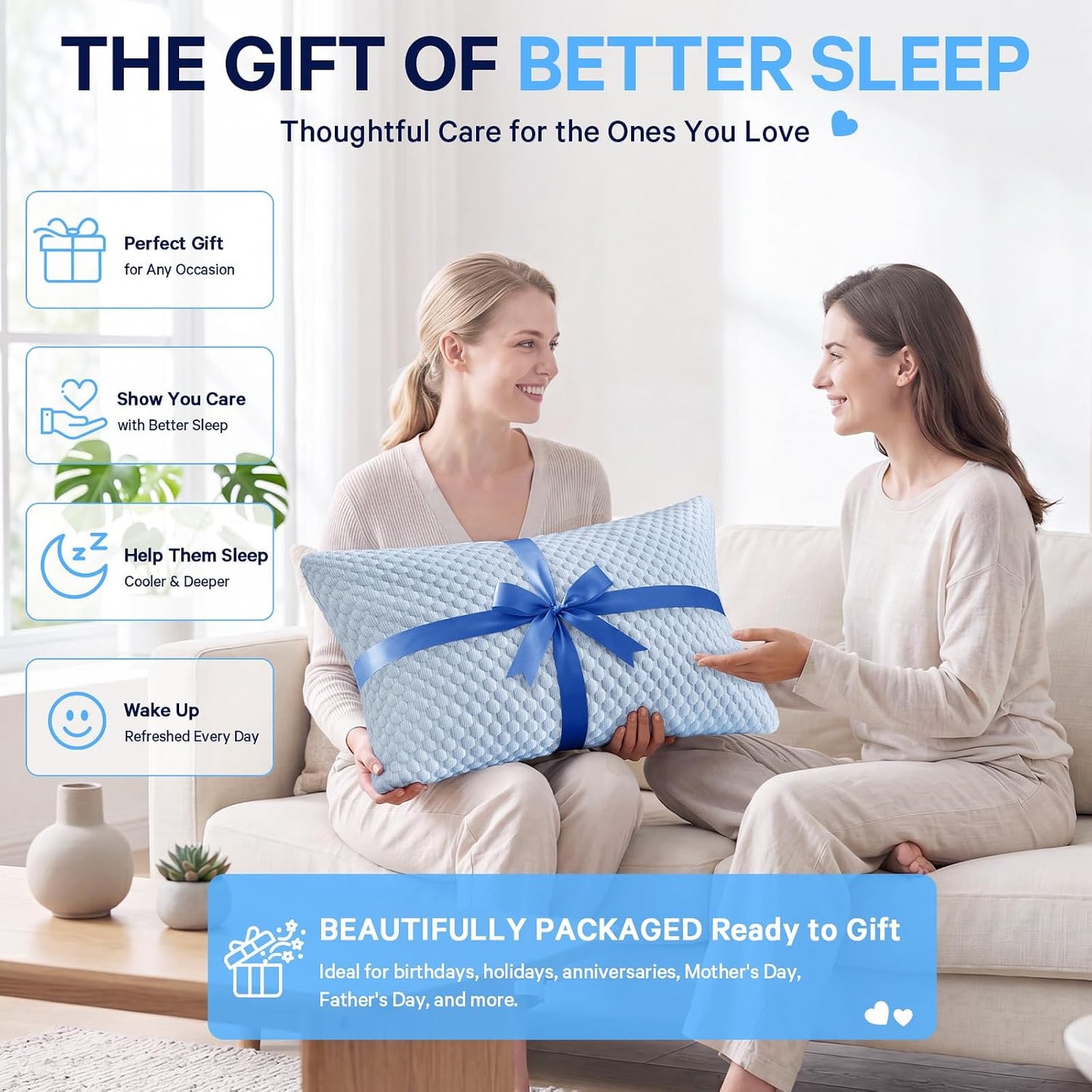 BETU Cooling Pillow Queen Size, Shredded Memory Foam Pillow for Hot Sleepers, Adjustable Firm Soft Support Pillows, Cool Bed Pillows for Side Back Stomach Sleeping Sleepers, gifts for boyfriend, White
