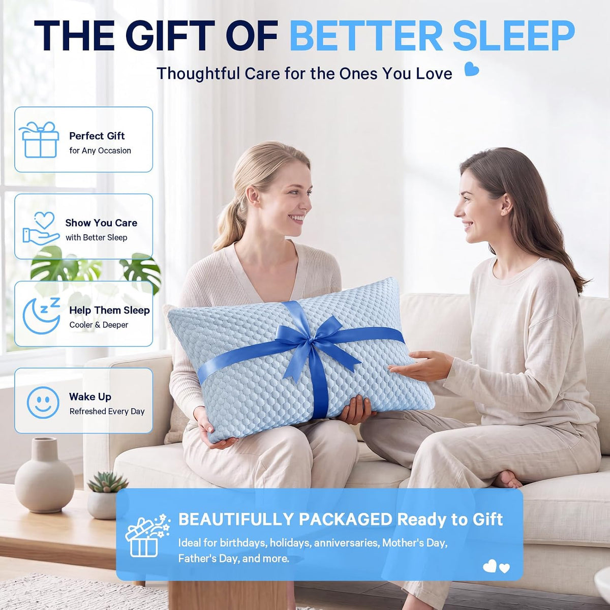 BETU Cooling Pillow Queen Size, Shredded Memory Foam Cool Pillow for Hot Sleepers, Adjustable Firm Soft Support Bed Pillows Perfect for Back Neck Pain and Side Sleeping with Pillow Case Cover, White