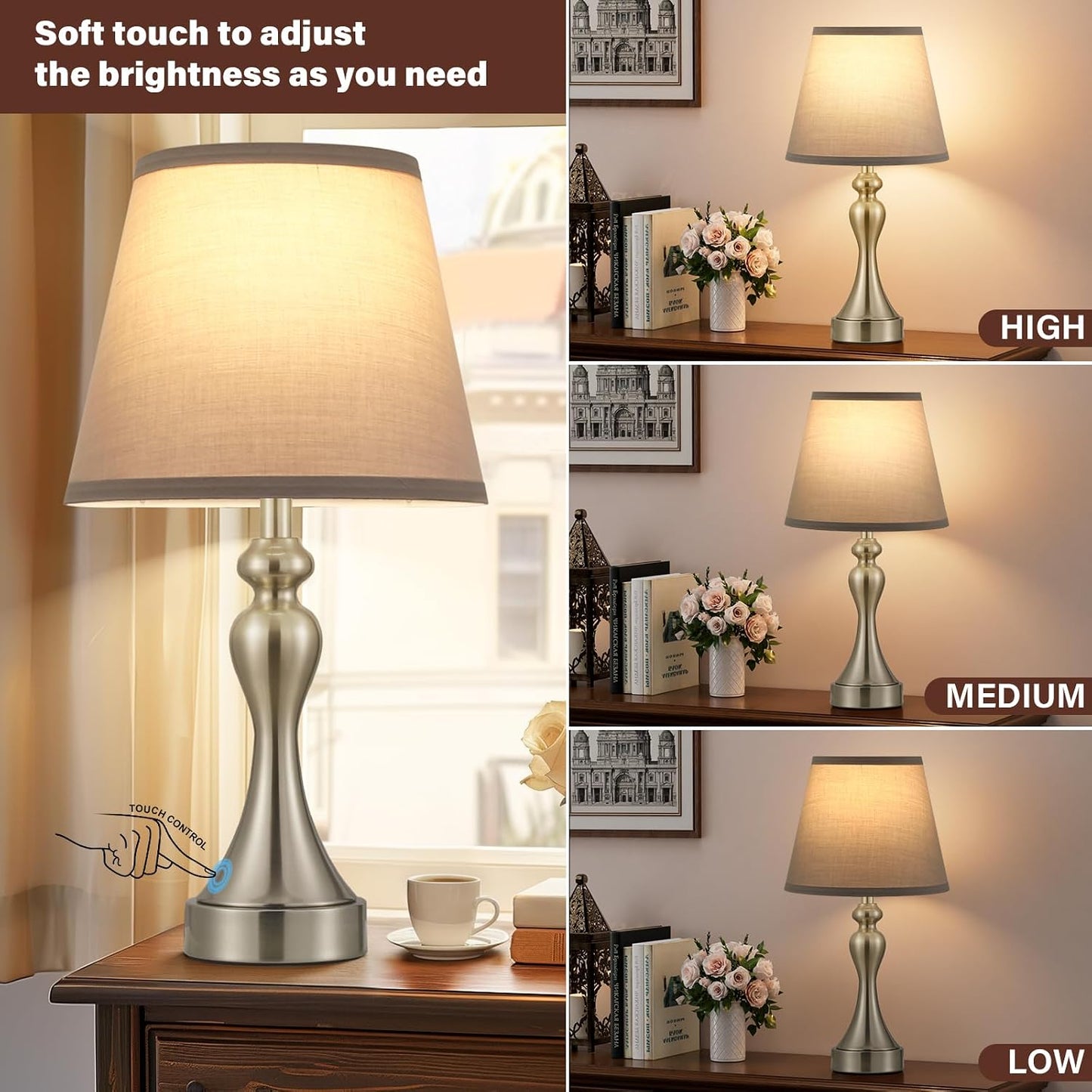 Seealle Touch Lamps for Nightstand - Bedside Lamps Set of 2, 3 Way Dimmable, USB C+A for Bedroom & End Tables (LED Bulbs Included)