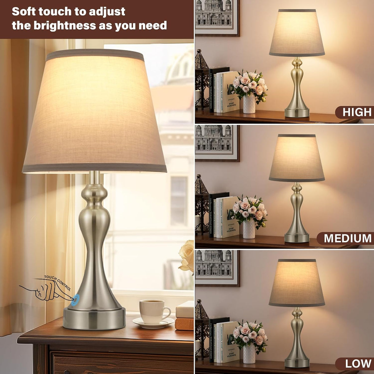 Touch Lamps for Nightstand, 3 Way Dimmable Bedside Lamps with USB C+A Ports