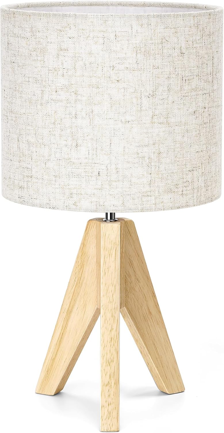 EDISHINE Tripod Table Lamp, Small Cute Bedside Lamp with Linen Beige Lampshade, Nightstand Lamp for Nursery, Bedroom, Kid Room, Living Room, Light Brown Wooden Base, E26 Socket, 14.2 Inch