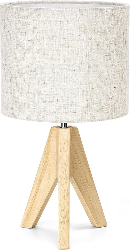 EDISHINE Tripod Table Lamp, Small Cute Bedside Lamp with Linen Beige Lampshade, Nightstand Lamp for Nursery, Bedroom, Kid Room, Living Room, Light Brown Wooden Base, E26 Socket, 14.2 Inch