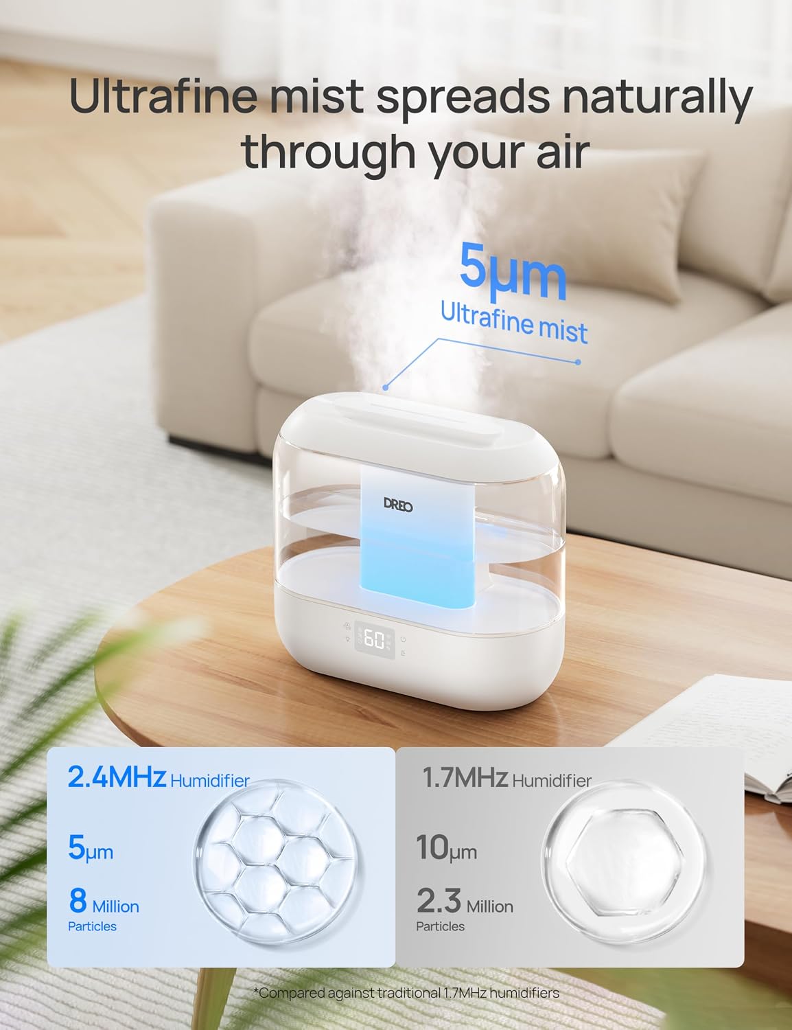 DREO 4L Smart Cool Mist Humidifiers for Bedroom HM311S Black | Top Fill, Quiet Sleep 28 dB, 36H Runtime for large room, Touch/APP/Voice Control, Nightlight, ideal for Baby, Plants, Nursery