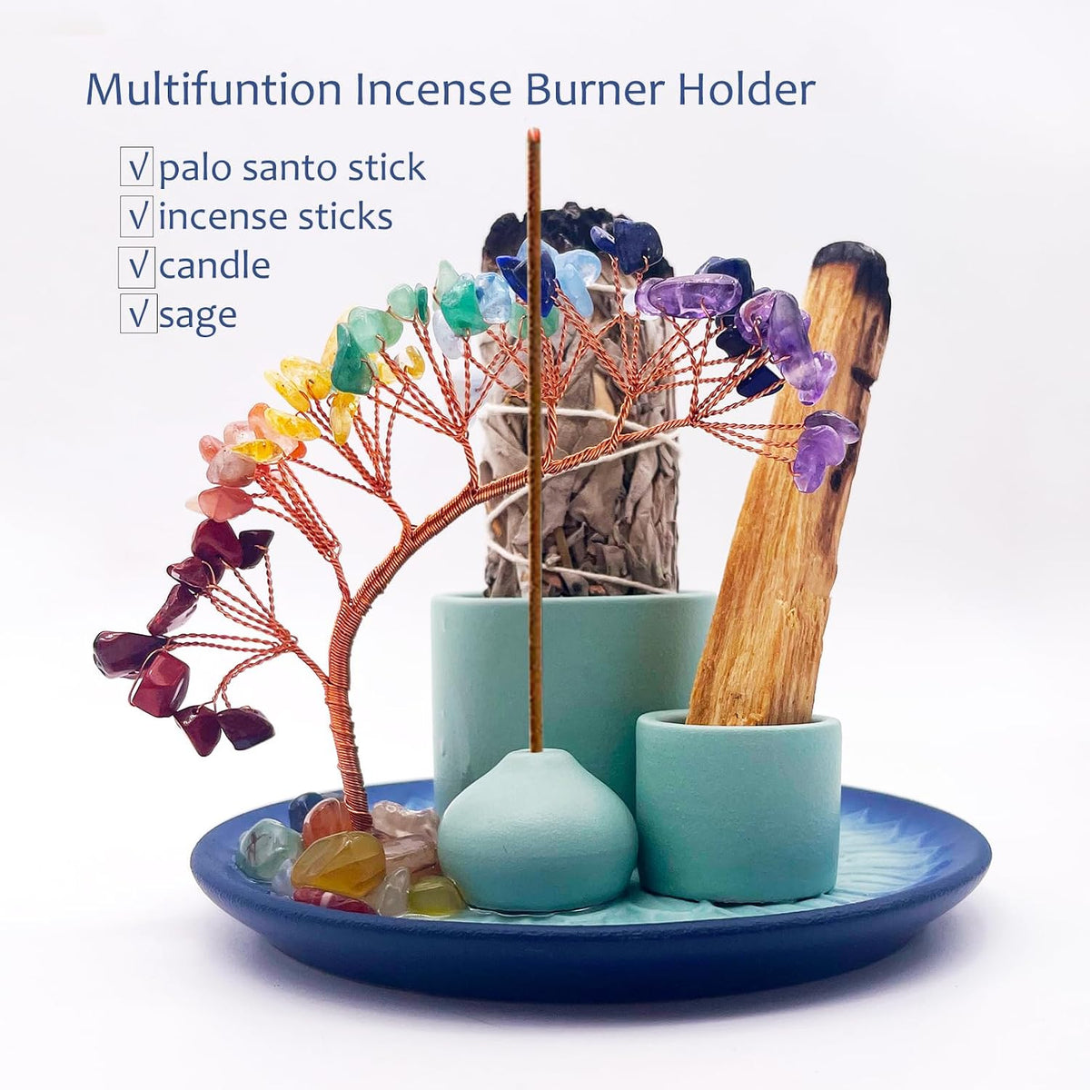 5 in 1 Incense Burner Holder with Crystal Healing Tree, Palo Santo Holder, Sage Holder, Incense Holder for Sticks/Cones/Candles, Ceramic Tray Ash Catcher for Burning Incense, Meditation Gift