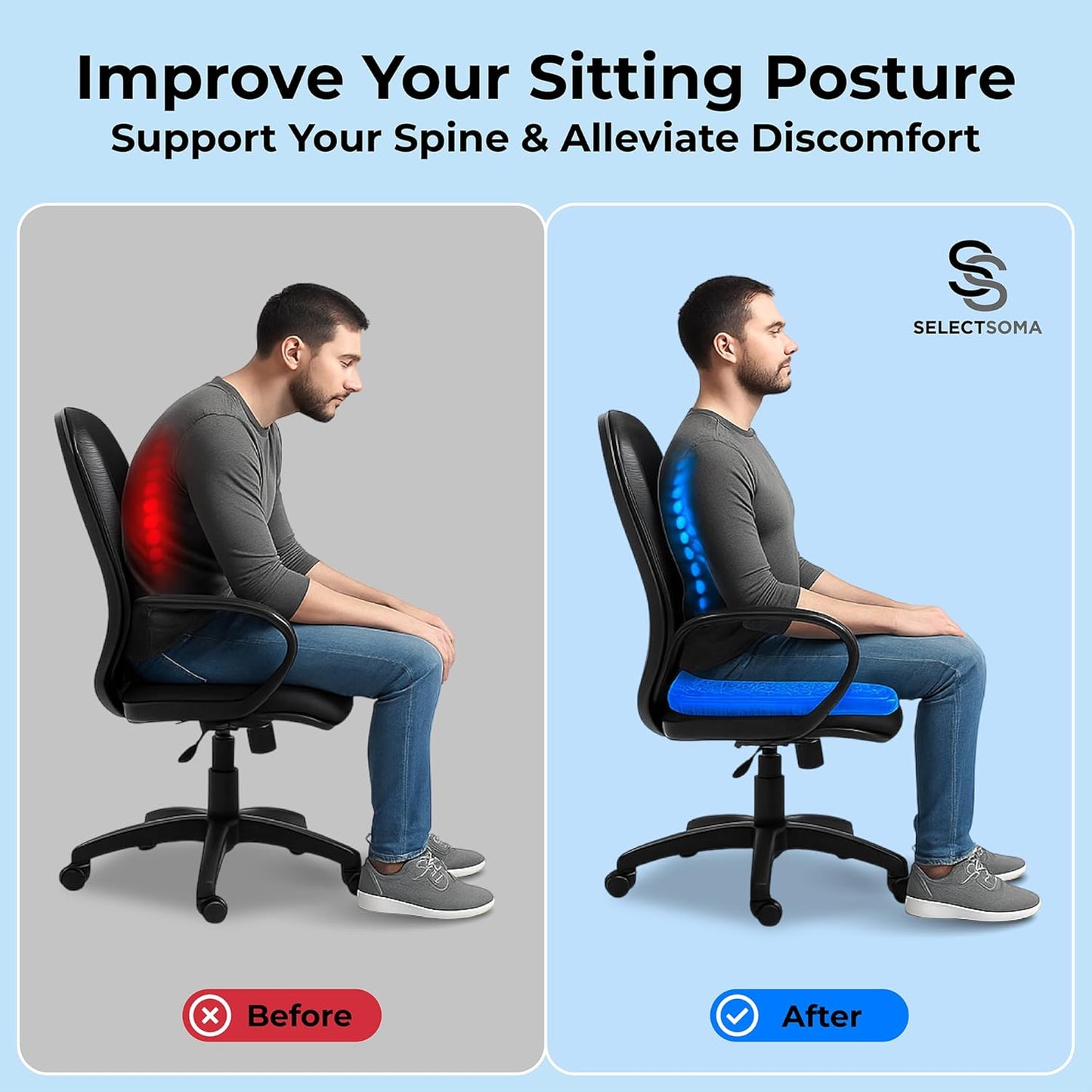 SelectSoma Double-Thick Gel Seat Cushion for Long Sitting Pressure Relief for Back, Sciatica, Coccyx, Tailbone Pain - Cushion for Airplane Travel, Office Chair, Wheelchair, Car & Truck - Egg Seat Pad
