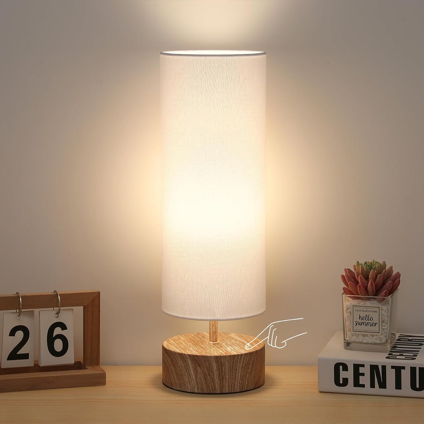 Touch Table Lamp, 3-Way Dimmable Modern Minimalist Accent Bedside Lamp with Cylinder Fabric Shade, Night Light Nightstand Desk Lamp for Bedroom Living Room Kitchen, 9W LED Bulb Included