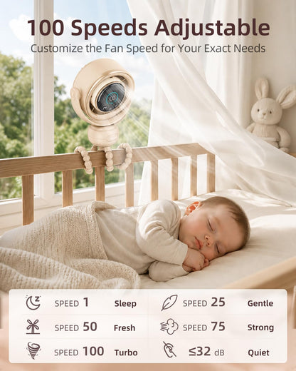 Spopal Portable Baby Stroller Fan, 120° Auto Swing, LED Display- Beige