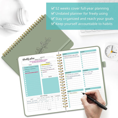 Taja Undated Weekly Planner, Weekly To Do List Notebook with Goal & Habit Tracker Organizer, A5 Weekly Planner Notebook with Spiral Binding, 6.1" x 8.2" - Green