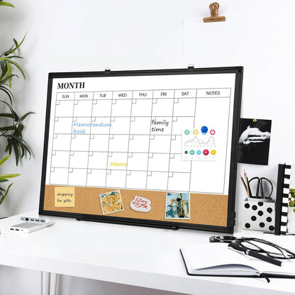 Dry Erase Calendar Whiteboard for Wall, 24"x18" Magnetic Monthly White Board Cork Board Combo, Double Sided, Aluminum Frame, Wall Hanging Wipe Board for Home, Office, School, Dorm