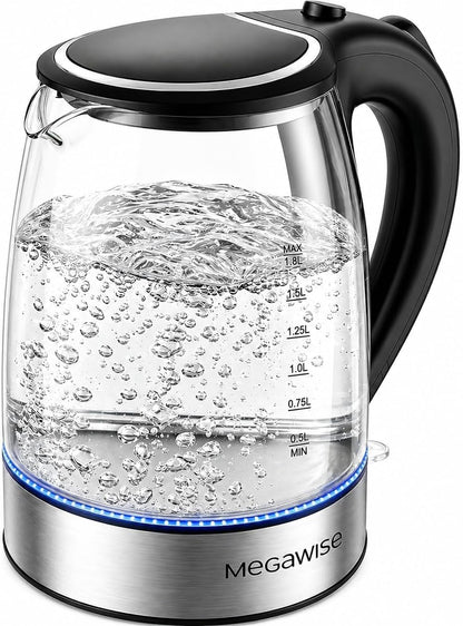 MEGAWISE 1.8 L Glass Electric Kettle, 1000W, Auto Shut-Off, Black