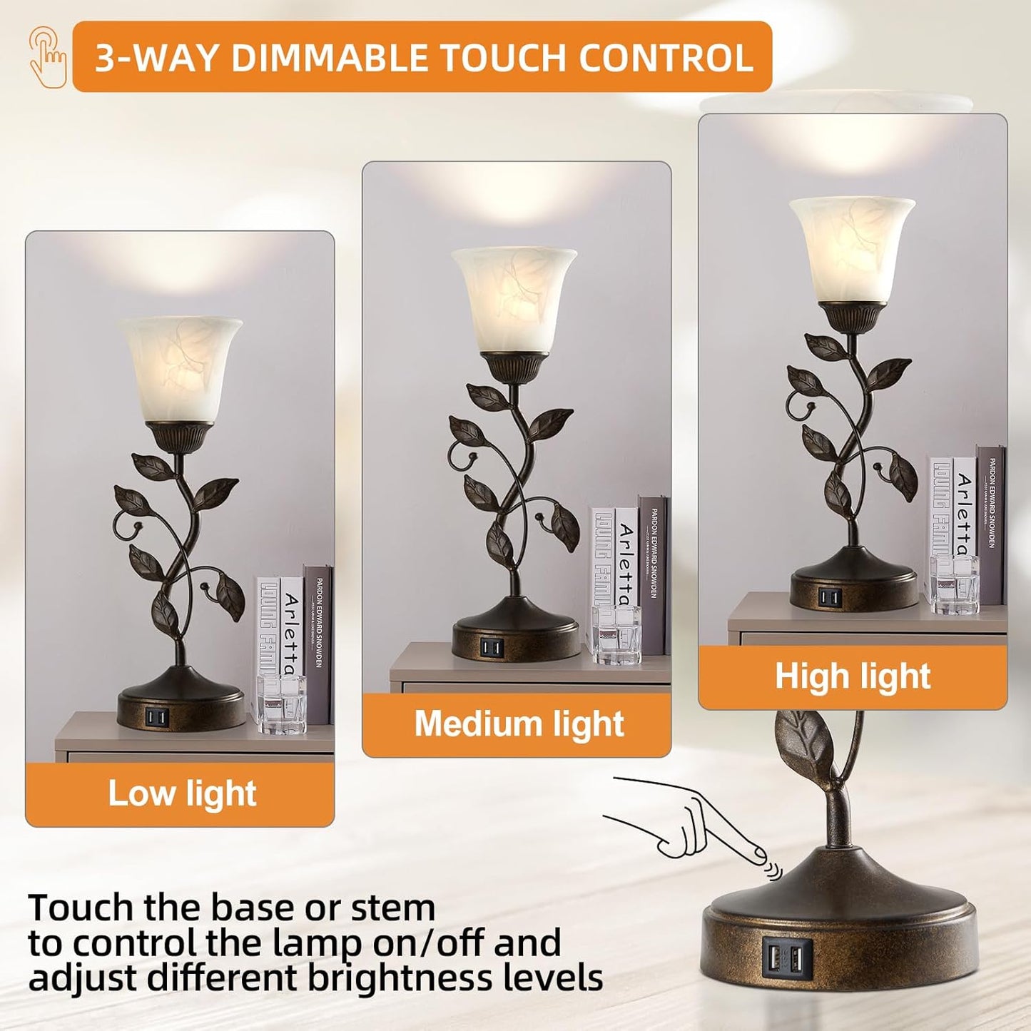 Touch Control Table Lamp with 2 USB Charging Ports, 3-Way Dimmable Bedside Nightstand Lamps, Amber Glass Shade Vintage Rural Leaf Lamp for Living Room, Bedroom, Dresser, LED Bulb Included (Bronze)