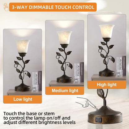 Touch Control Table Lamp with 2 USB Charging Ports, 3-Way Dimmable Bedside Nightstand Lamps, Amber Glass Shade Vintage Rural Leaf Lamp for Living Room, Bedroom, Dresser, LED Bulb Included (Bronze)
