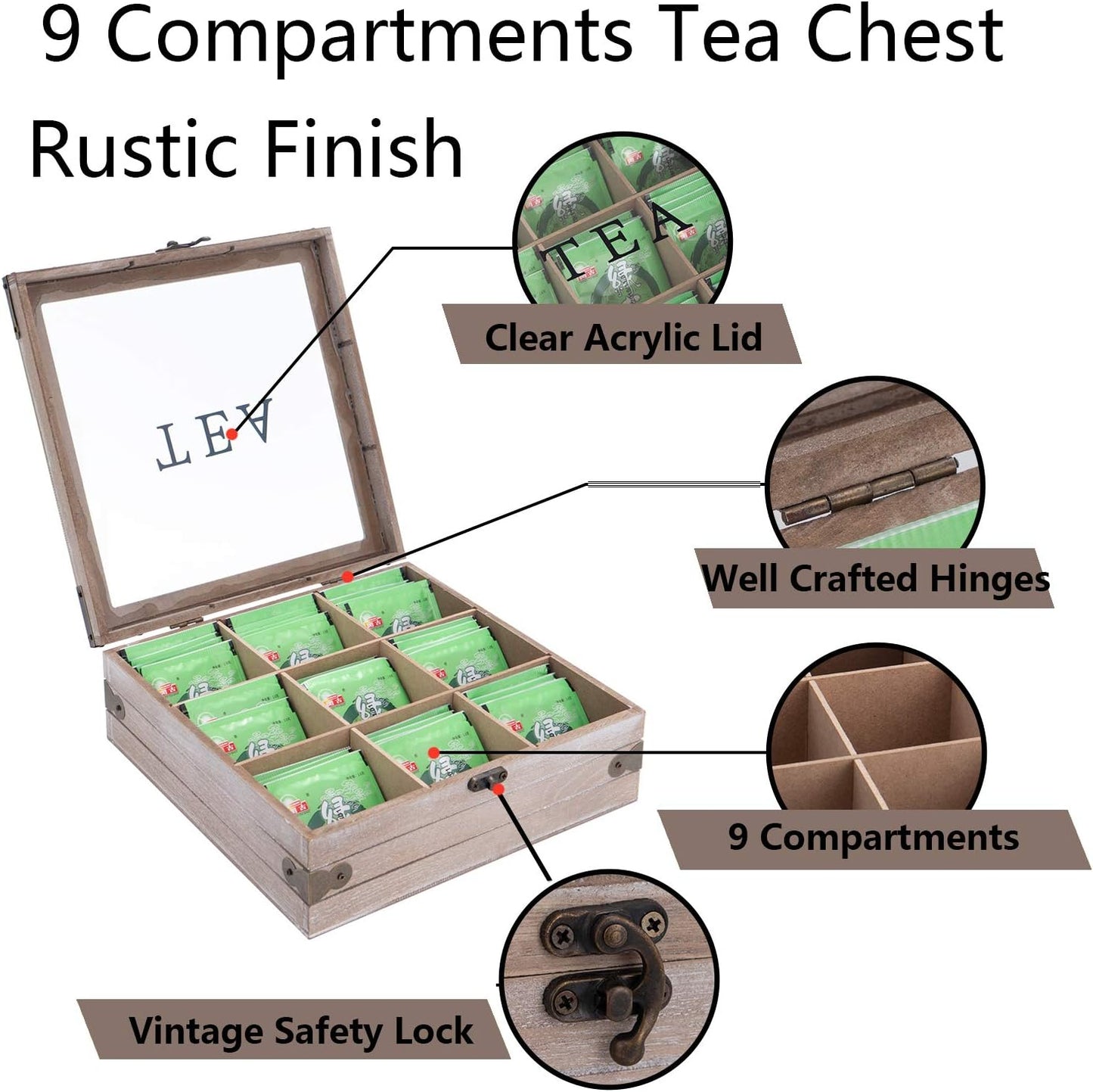 Tea Box Organizer - Rustic Tea Bag Storage,Teas Bag Holder for Coffee Sugar Pods Packets & More – Elegant Tea Storage Solution for Home & Kitchen (Gray)