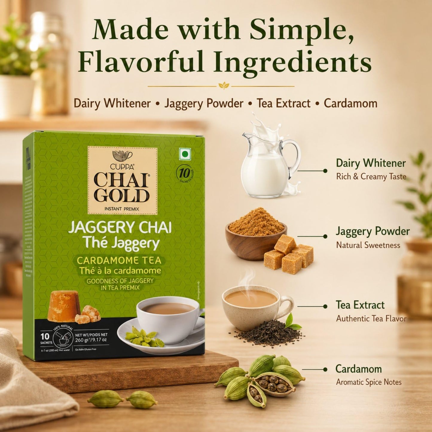 Chai Gold Instant Jaggery Chai Tea Premix Powder, Traditional Indian Milk Tea Latte Mix, Naturally Sweetened with Jaggery, Quick Preparation Hot Beverage, Low Caffeine, 10 count pack