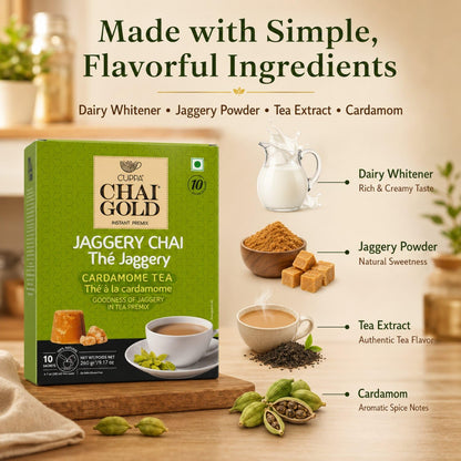 Chai Gold Instant Jaggery Chai Tea Premix Powder, Traditional Indian Milk Tea Latte Mix, Naturally Sweetened with Jaggery, Quick Preparation Hot Beverage, Low Caffeine, 10 count pack