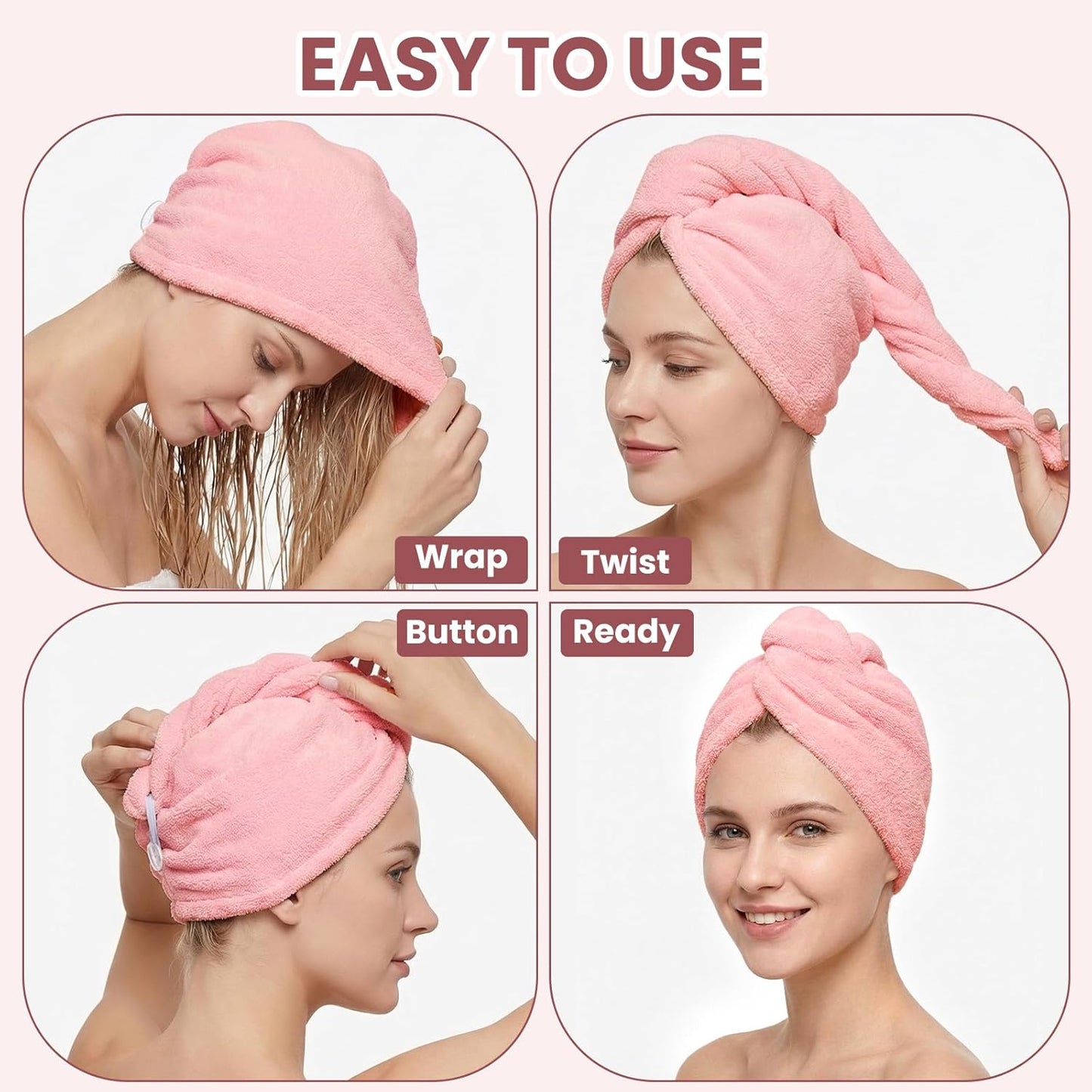 Mandydov 100% Cotton Hair Towel Wrap for Women, 2 Pack Thickened & Super Absorbent Turbans, Anti Frizz Quick Dry Hair Towels (Blue, Pink Blush)
