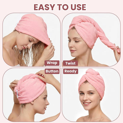 Mandydov 100% Cotton Hair Towel Wrap for Women, 2 Pack Thickened & Super Absorbent Turbans, Anti Frizz Quick Dry Hair Towels (Blue, Pink Blush)