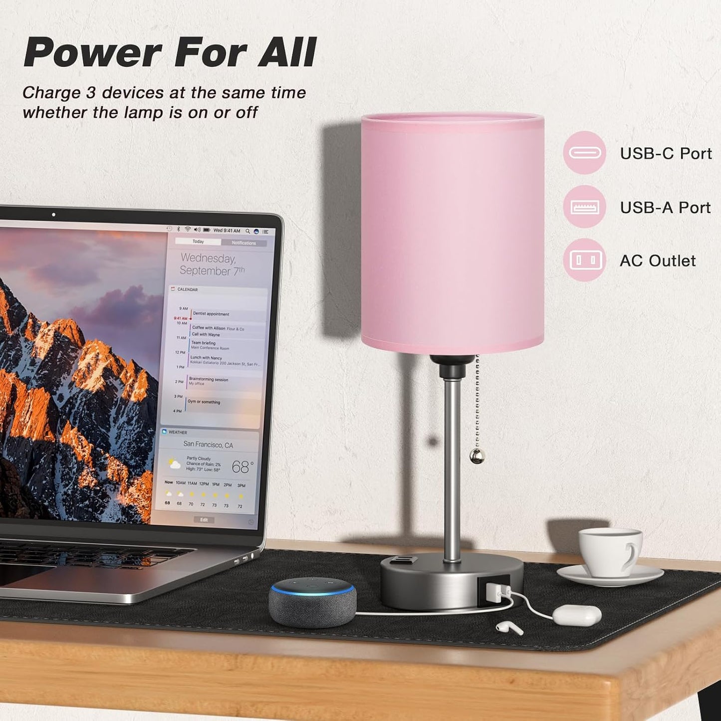 Small Bedside Table lamp for Bedroom - 3 Color Temperatures Bedside Lamps with USB C and A Ports, Pull Chain Table Lamps with AC Outlet, White Nightstand Lamps with Black Metal Base for Kids Reading