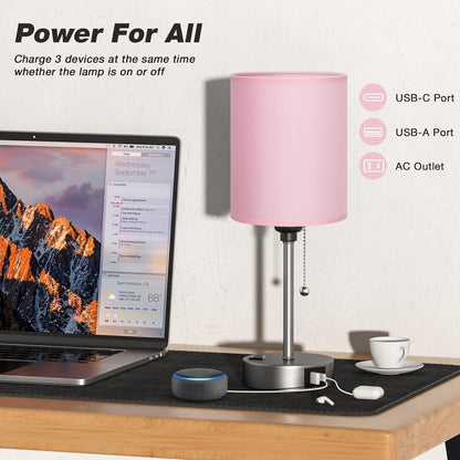 Small Bedside Table lamp for Bedroom - 3 Color Temperatures Bedside Lamps with USB C and A Ports, Pull Chain Table Lamps with AC Outlet, White Nightstand Lamps with Black Metal Base for Kids Reading