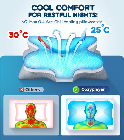 Cozyplayer True Cooling Cervical Neck Pillow for Pain Relief, Ergonomic Side Sleeper Pillow for Neck Support, Odorless Orthopedic Contour Memory Foam Pillows, Bed Pillow for Back Stomach Sleeper