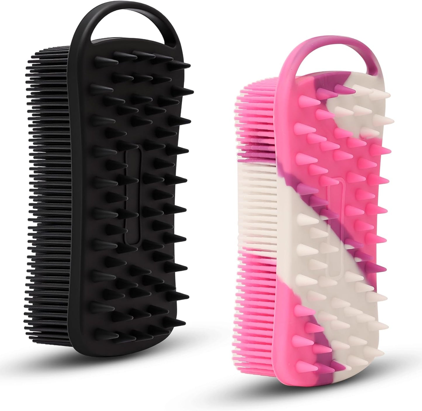 MtBoi 2 PC Silicone Body Scrubber, 2 in 1 Exfoliating Shower Bath Scrubber, Soft Silicone Loofah for Sensitive Skin, Shower Hair Scalp Massager, Easy to Clean, Lather Well (Grey&Black)