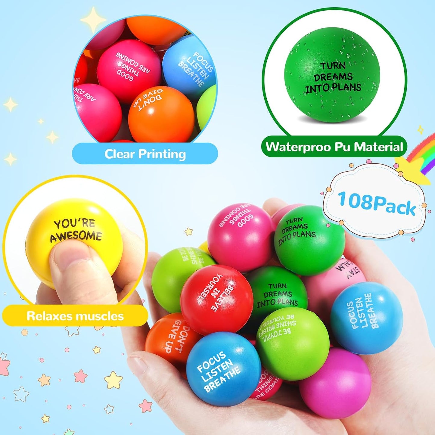 108 Pack Motivational Stress Balls Bulk for Adults & Kids Foam Stress Toys