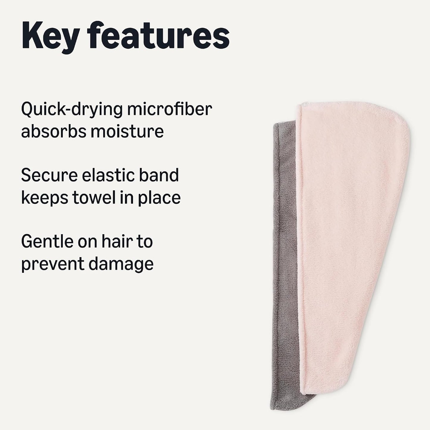 Amazon Basics Quick Dry Microfiber Hair Towel Wrap, Hair Drying Towel, Grey/Beige, 2-Pack