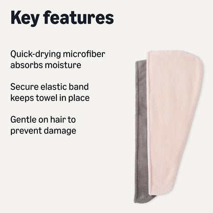 Amazon Basics Quick Dry Microfiber Hair Towel Wrap, Hair Drying Towel, Grey/Beige, 2-Pack