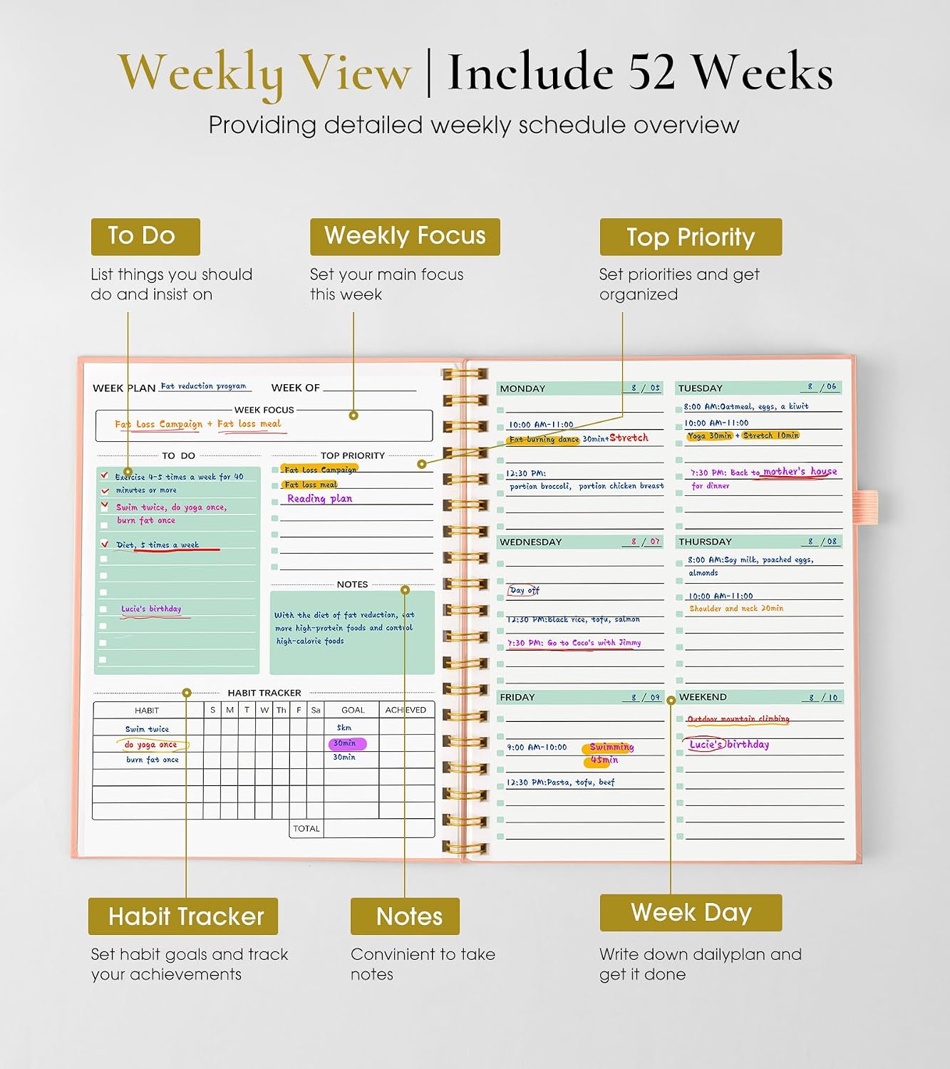 Undated Weekly and Monthly Planner, B5 Large Weekly To Do List Notebook with Goal & Habit Tracker Organizer, Hardcover Spiral Bound Blank Monthly Planner for Work School Home 7.4" x 9.64" Black