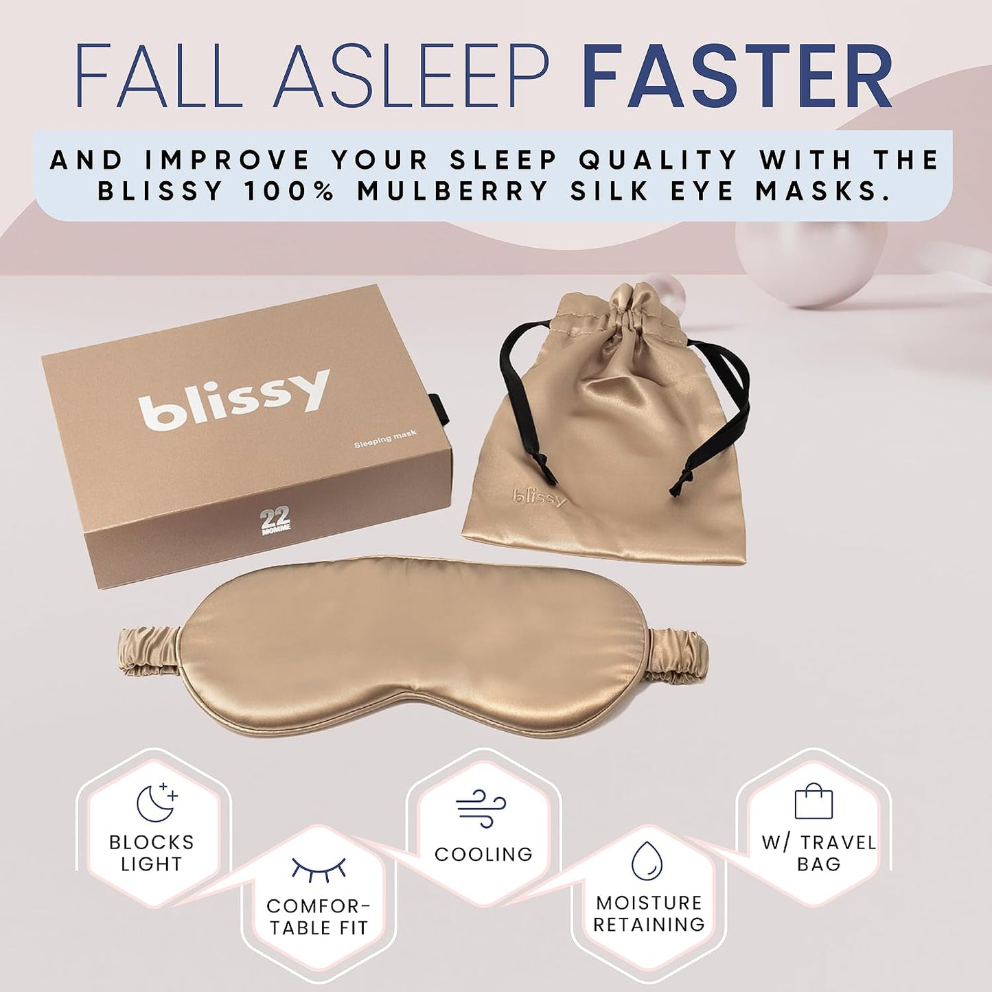 Blissy Silk Sleep Mask - Eye Sleeping Mask for Women & Men for Total Blackout - 100% Pure Mulberry Silk, 22 Momme 6a Fibers - Blindfold Sleep Mask Side Sleeper Eye Cover (Non Adjustable)