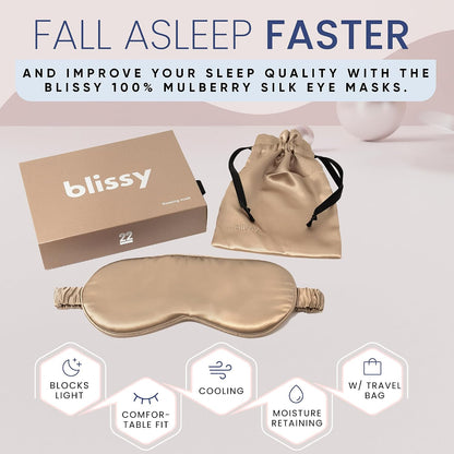 Blissy Silk Sleep Mask - Eye Sleeping Mask for Women & Men for Total Blackout - 100% Pure Mulberry Silk, 22 Momme 6a Fibers - Blindfold Sleep Mask Side Sleeper Eye Cover (Non Adjustable)