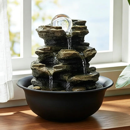 8.3” H Indoor Zen Tabletop Water Fountain, Rock Cascading Waterfall with Spinning Crystal Ball & LED Light for Home Office Decor