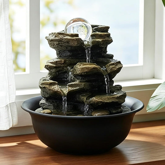 8.3” H Indoor Zen Tabletop Water Fountain, Rock Cascading Waterfall with Spinning Crystal Ball & LED Light for Home Office Decor