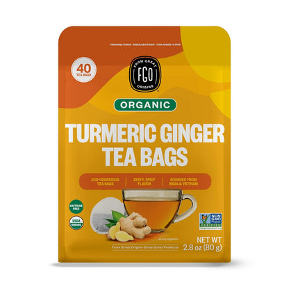 FGO Organic Turmeric Ginger Herbal Tea, 40 Count, Eco-Conscious Tea Bags, Caffeine Free (Pack of 1)