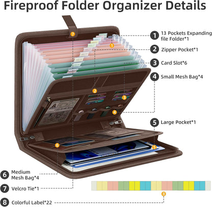 Fireproof Accordion File Organizer, Expanding File Folder with 13 Pockets