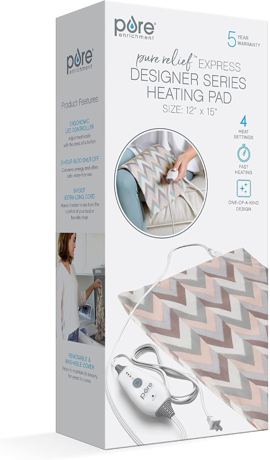 Pure Enrichment PureRelief Express Designer Series Electric Heating Pad - 12” x 15” Fast-Heating with 4 Heat Settings, Machine-Washable Fabric, & 2-Hour Auto Safety Shut-Off - Cerulean Diamond
