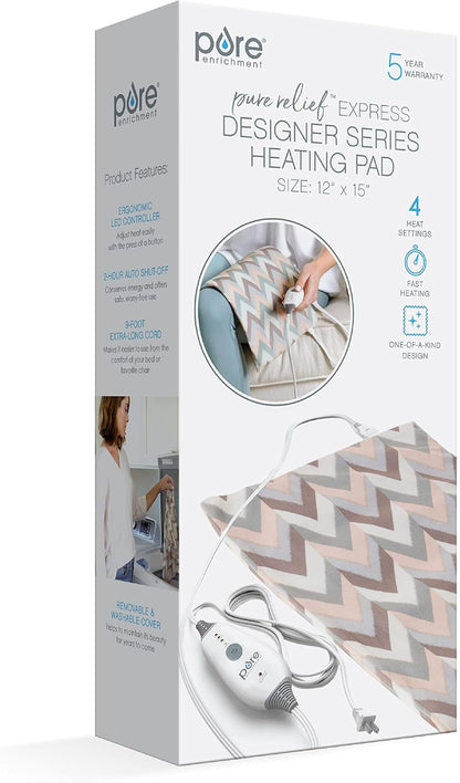 Pure Enrichment PureRelief Express Designer Series Electric Heating Pad - 12” x 15” Fast-Heating with 4 Heat Settings, Machine-Washable Fabric, & 2-Hour Auto Safety Shut-Off - Cerulean Diamond