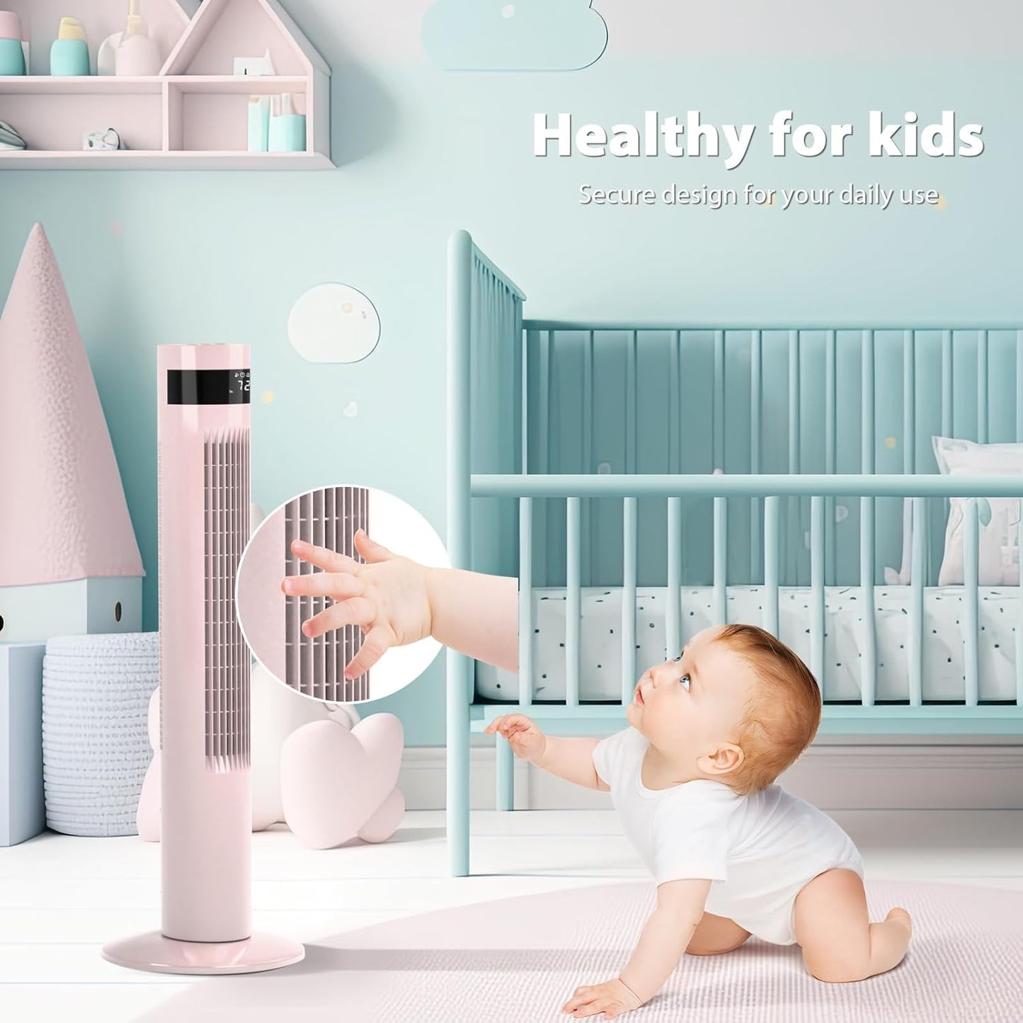 Antarctic Star Tower Fan 85°Oscillating Fan Quiet Cooling 12H Timer Remote Control Bladeless Electric 3 Speeds Wind 3 Modes, 42INCH, PINK