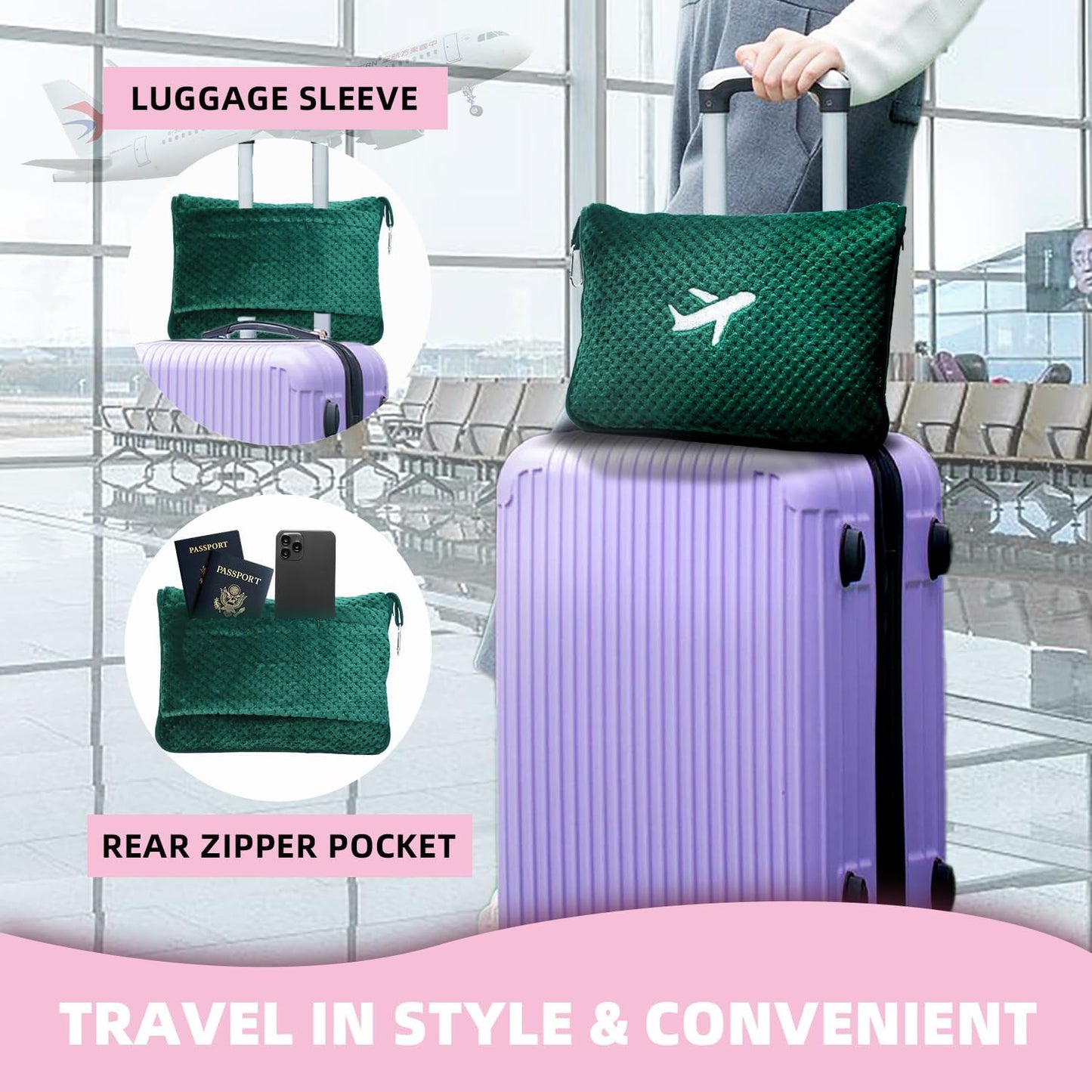 3 in 1 Travel Blanket Pillow Set - 350 GSM Thick Travel Blanket Airplane Compact with Bag, Soft Bag with a Pocket, Inflatable Travel Pillow for Camping & Car Trip(Mint Green)