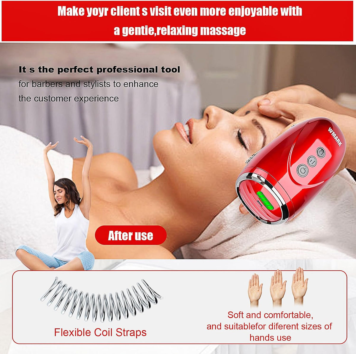 WMARK Barber Massager/Cordless Handheld Massager, Charge Neck/Legs/Hand/Face Massager, 2 Massage Nodes 2600AMH，Golden