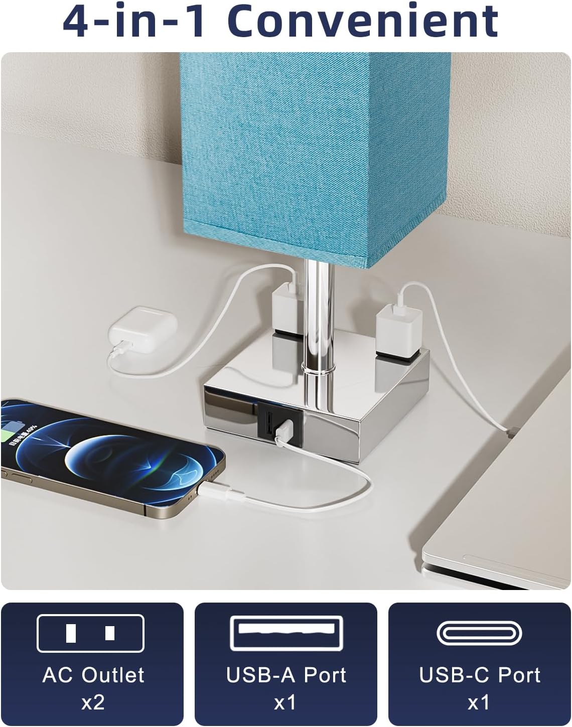 Touch Bedside Table Lamp for Bedroom - Dimmable, USB C+A, 2 AC Outlets