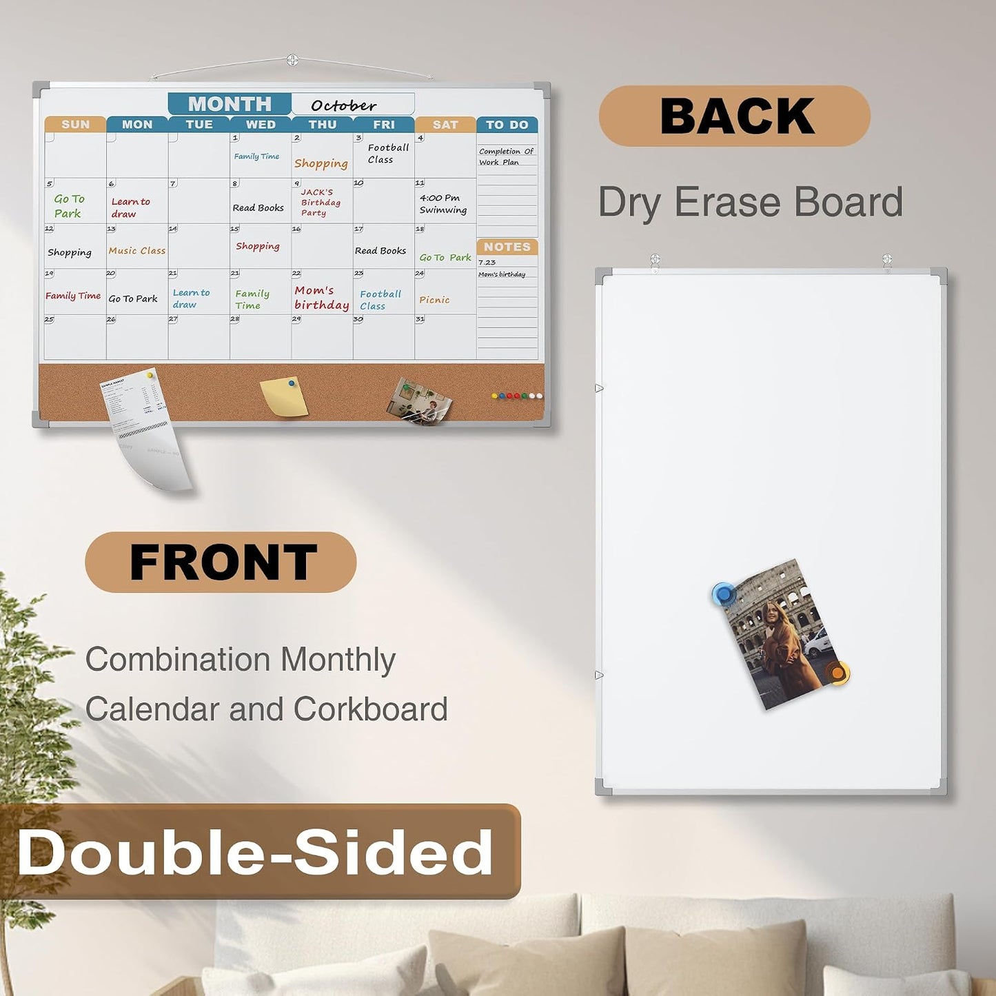 Monthly Calendar Dry Erase Board 16x12 Inch, Double-Sided Whiteboard and Corkboard Combo, Wall Mounted Planner Organizer with Markers, Magnets, Push Pins, Eraser, for Home Office School