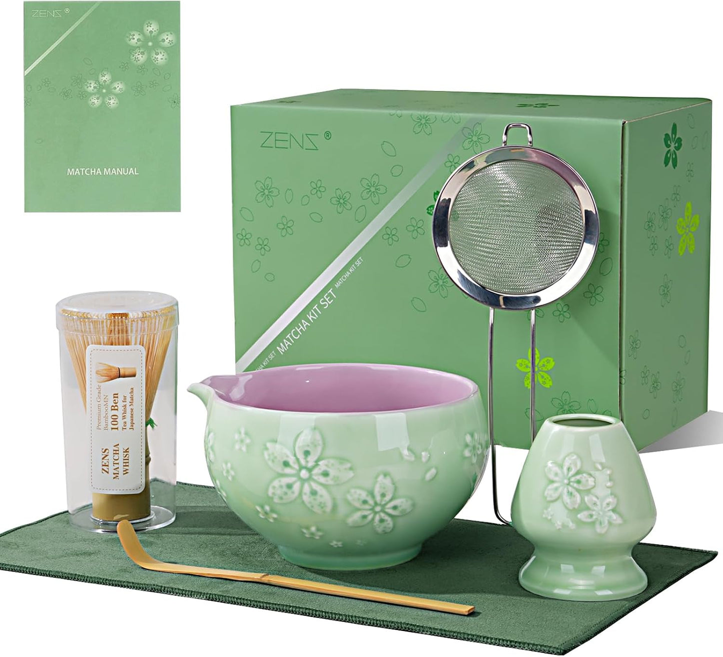 ZENS Matcha Whisk Set, Matcha Kit Set, Matcha Bowl with Spout, Bamboo Whisk & Scoop, Chasen Holder, 304 Sifter & Tea Mat, 6pcs Japaness Matcha Kit for Matcha Lovers, Birthday Gift, Pale Green