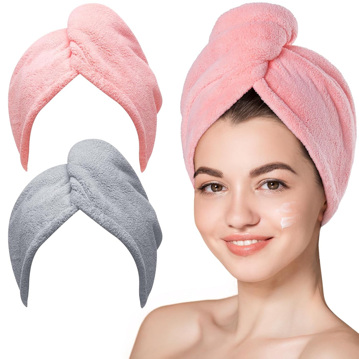 Hicober Microfiber Hair Towel Wrap, Fast Drying Hair Towels for Women, Soft Lightweight Quick Dry Turban for Curly & Long Hair–3 Pack(Blue/Grey/Pink)