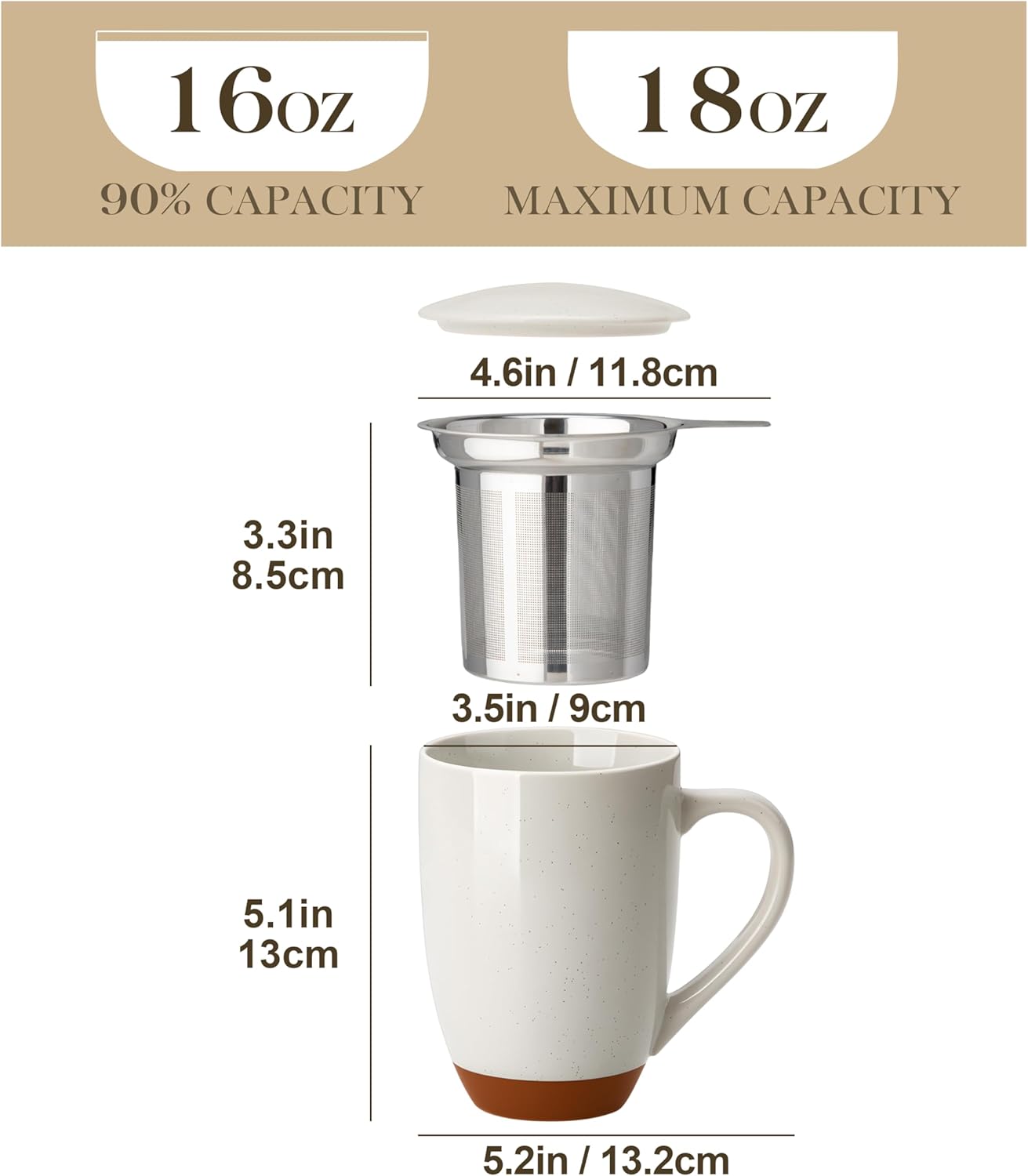 MALACASA Ceramic Tea Mug with Lid and Stainless Steel Infuser, 18 oz Large Tea Cup for Loose Leaf Tea, Heat-Resistant, Microwave & Dishwasher Safe, Speckled Glaze Coffee & Tea Brewer Mug, Khaki White
