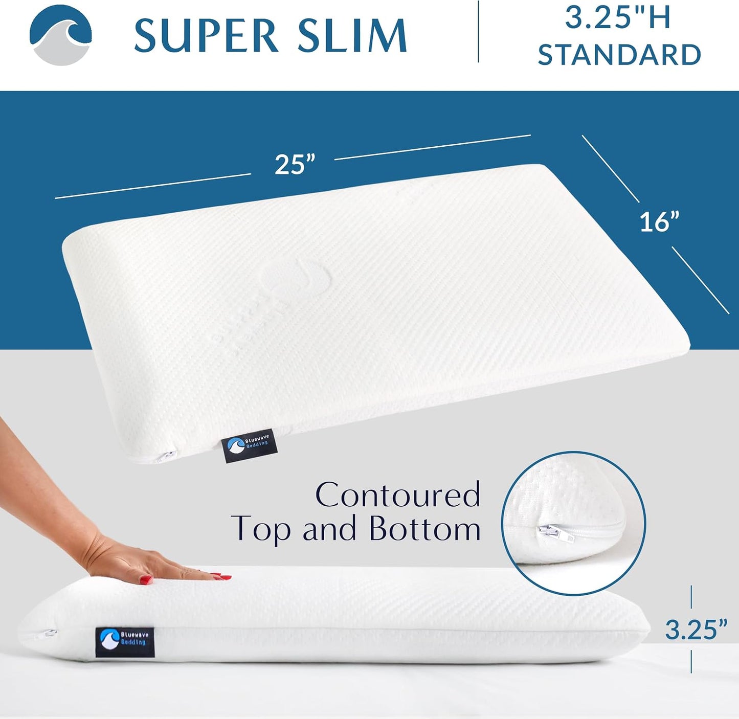 Bluewave Bedding Ultra Slim Max Cool CarbonBlue Gel Memory Foam Pillow for Stomach and Back Sleepers - Thin, Flat Design with Advanced Cooling (2.75-Inch Height, Standard Size)
