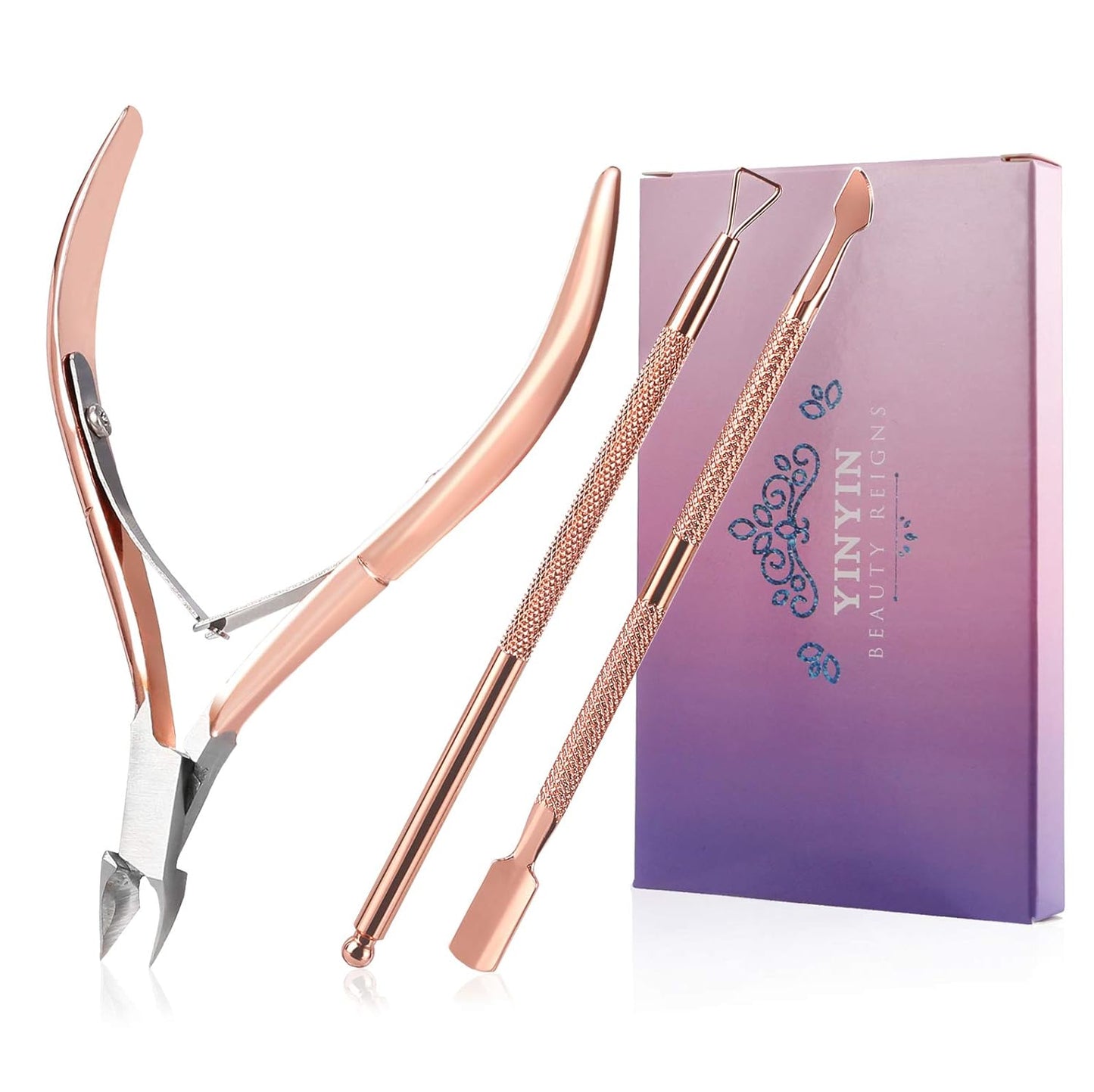 YINYIN Cuticle Trimmer with Cuticle Pusher and Cutter, Professional Stainless Steel Nippers, Cutter Clippers, Cuticle Remover, Pedicure Manicure Tools for Fingernails and Toenails, Sliver