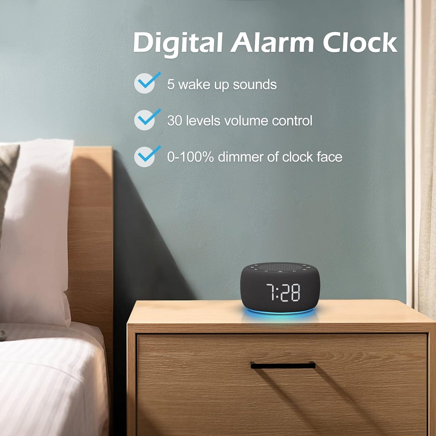 Buffbee Alarm Clock with Sound Machine for Bedrooms – 2-in-1 White Noise Machine for Sleep, Gentle Wake-Up with Soft Alarm Sounds, Ambient Night Light, Plug-in, Sleep Better, Wake Gently