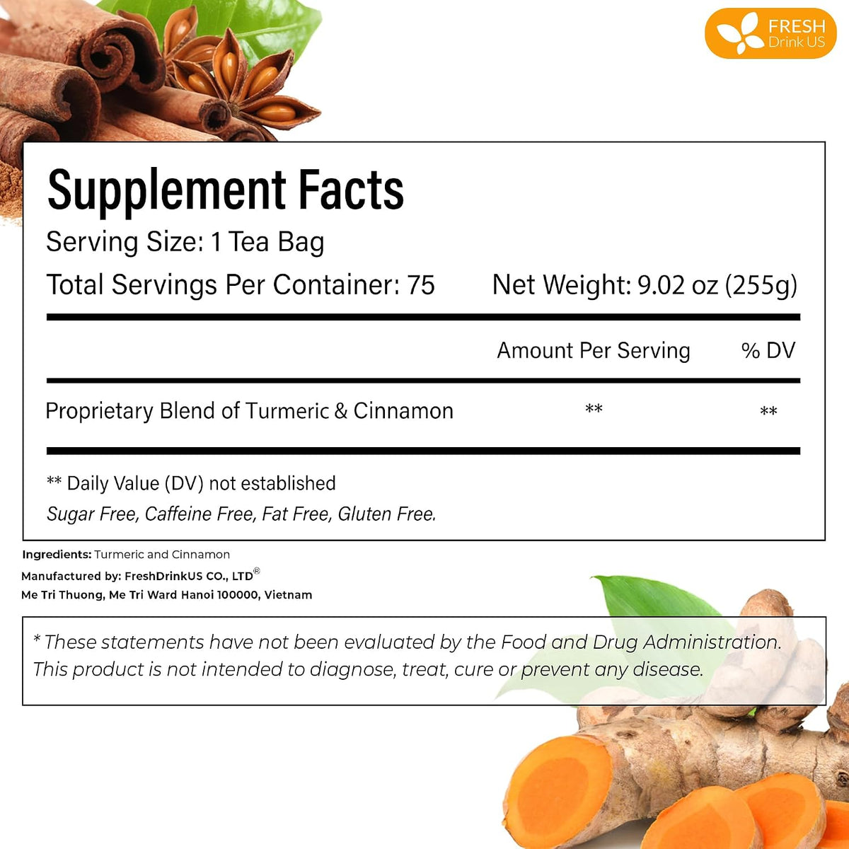 FreshDrinkUS, Premium Turmeric Cinnamon Tea - 75 Bags, 100% Natural, Blend of Turmeric, and Cinnamon. Made with Eco-Conscious Tea Bags. No Sugar. No Caffeine. Vegan.